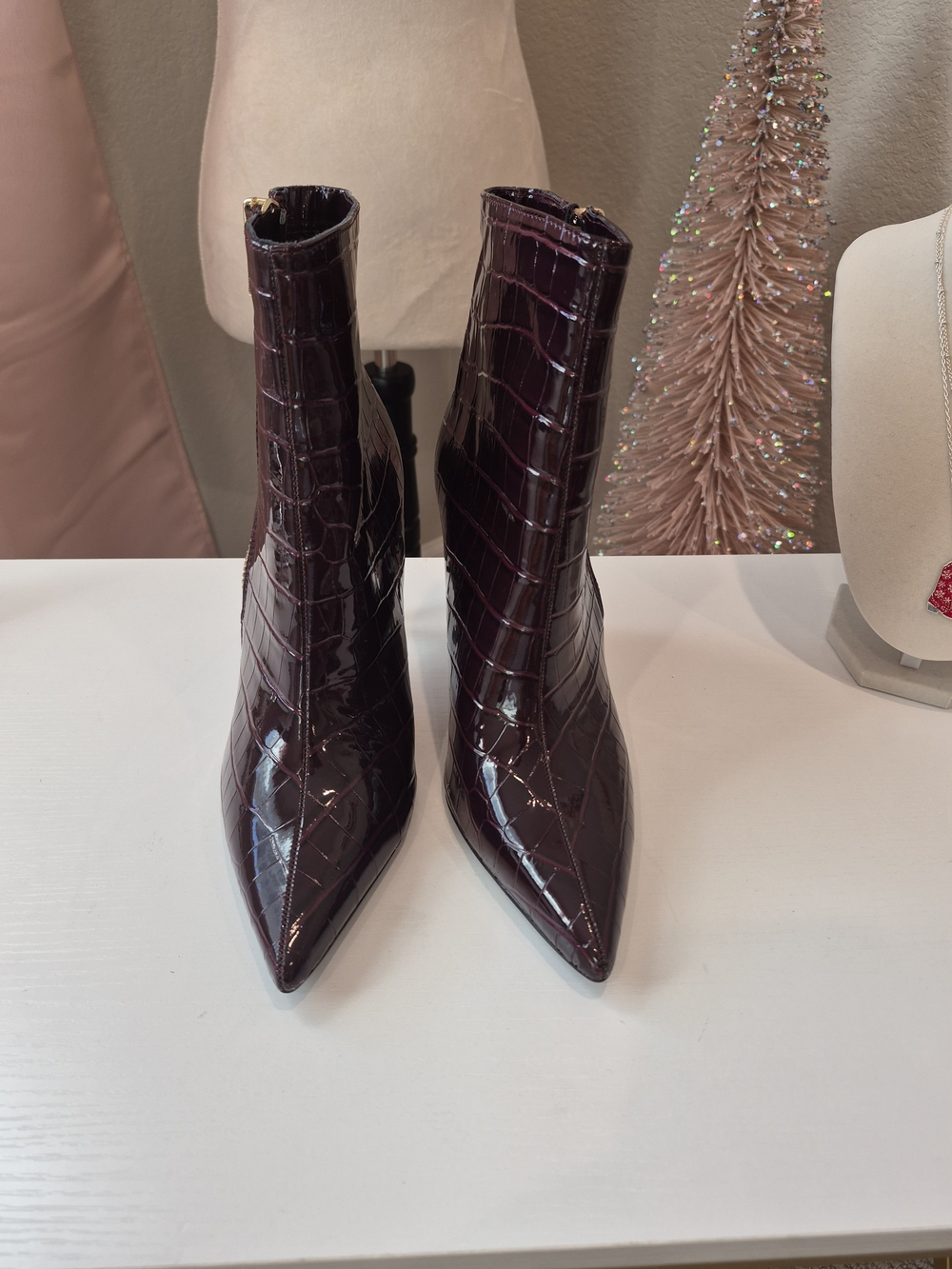 INC International Concepts Croc-Embossed Patent Ankle Boots in Deep Wine